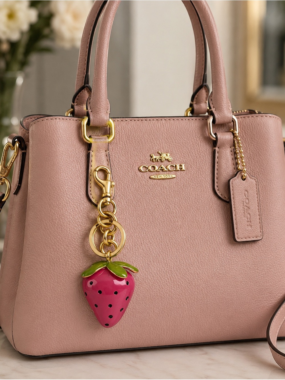 •Berry Chic• Strawberry Bag Charm Keychain Gold Tone |Y2K Aesthetic Purse Charm - Picture 2 of 2